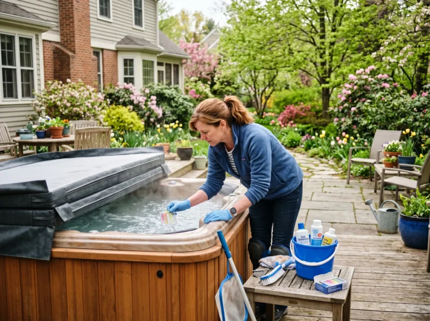 A hot tub owner cleaning with chemical. 