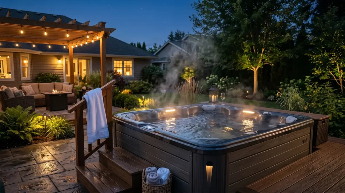Steam rising from a backyard hot tub at night with outdoor seating and garden lighting