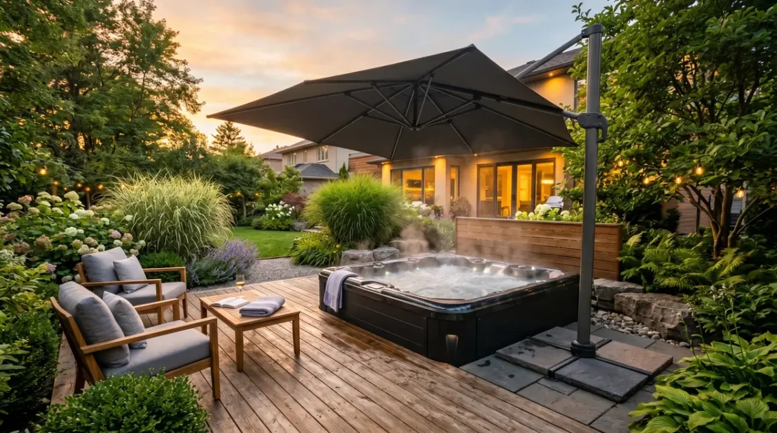 Outdoor hot tub with steam rising under a large black umbrella next to wooden chairs and table on a wooden deck