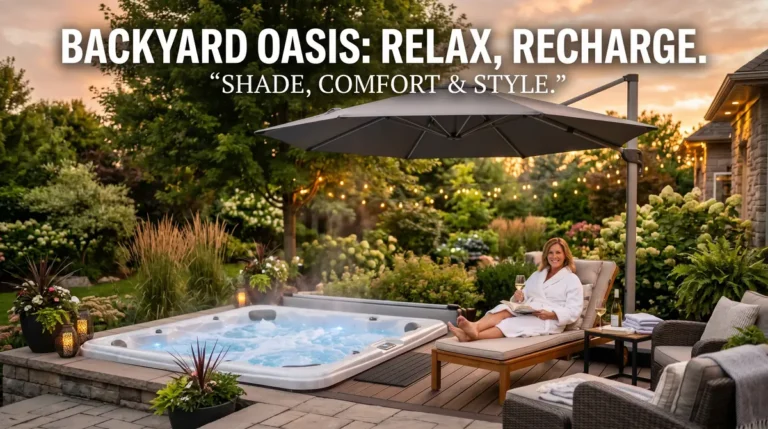 Woman in white robe sitting and relaxing beside bubbling hot tub in a cozy backyard at sunset