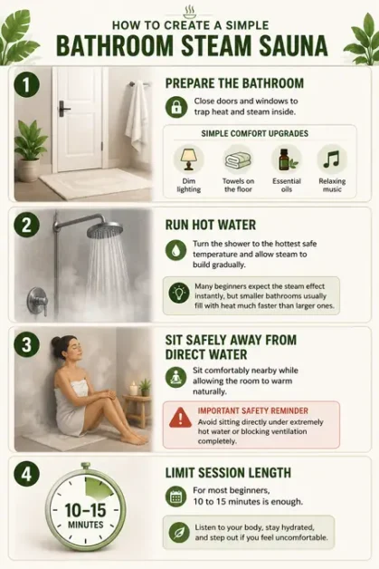Steps to create a bathroom steam sauna including preparing bathroom, running hot water, sitting safely, and limiting session length
