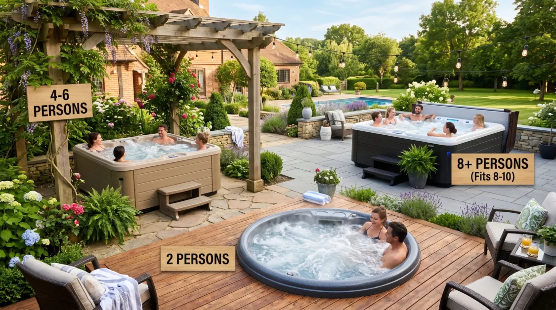 Different hot tub sizes displayed on backyard patios with labeled seating capacities.