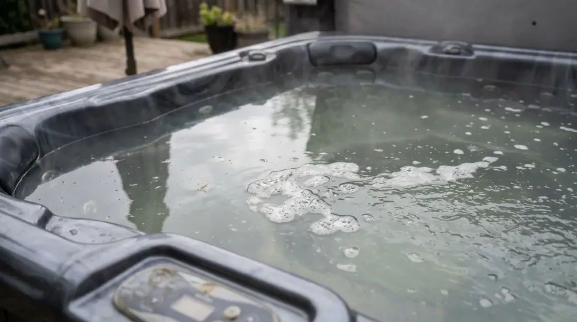 Close-up of a hot tub with cloudy water and steam coming off the surface