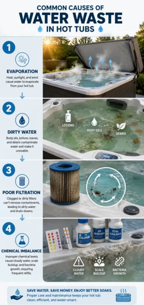 Infographic showing four common causes of water waste in hot tubs.