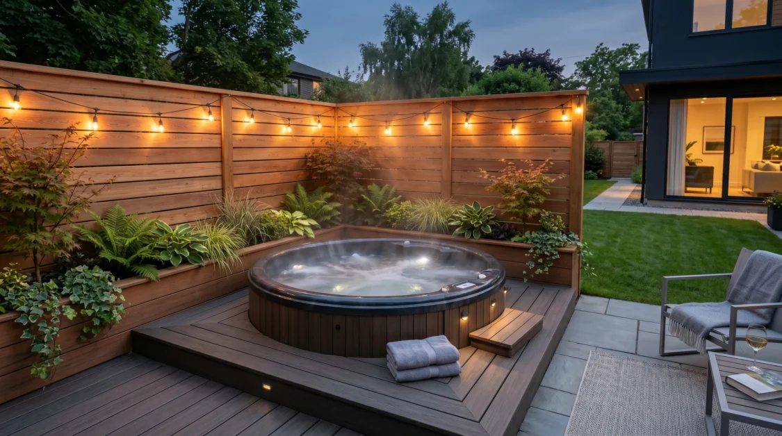 Small backyard hot tub placed in a private corner deck with fencing and lights.