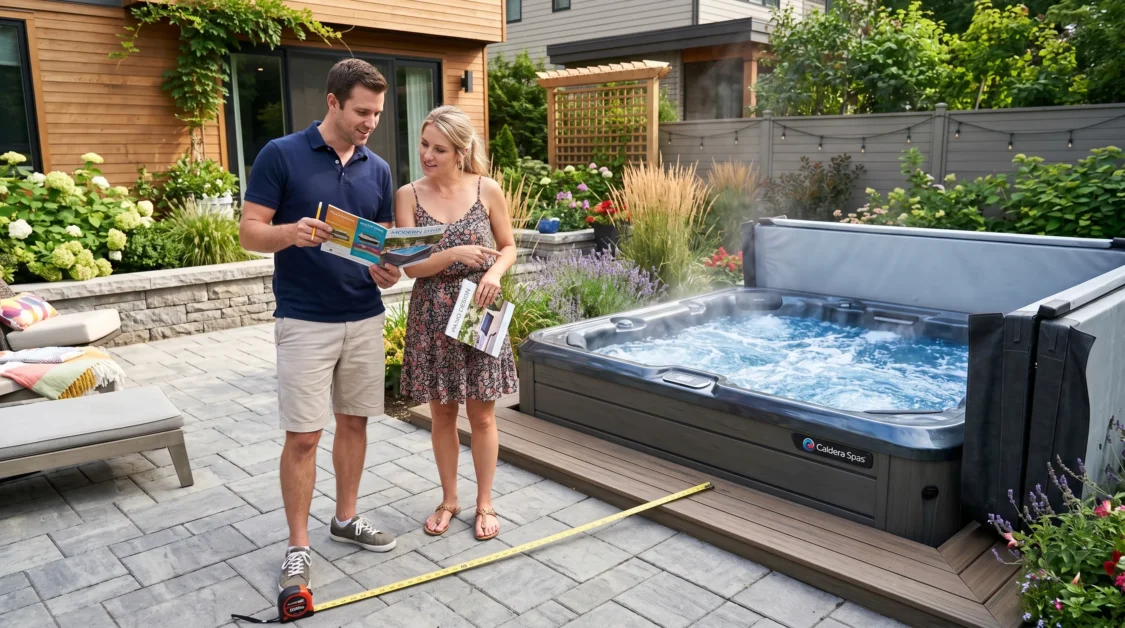 A couple standing beside a modern backyard hot tub while comparing brochures and measuring patio space.
