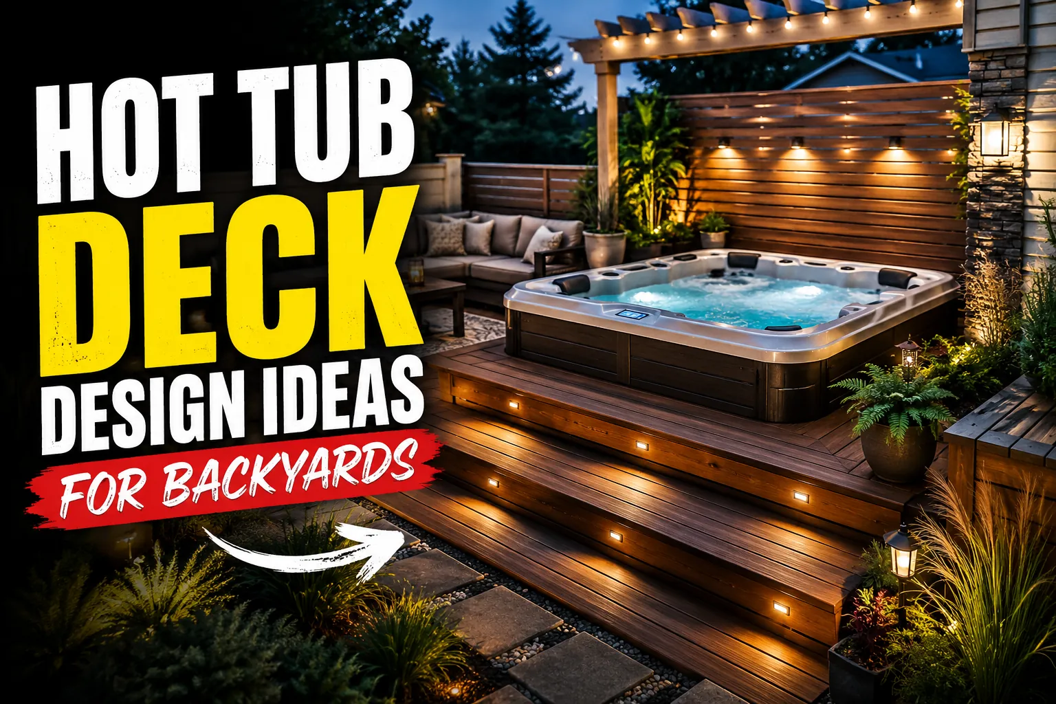 A Hot Tub Deck Design Ideas for Backyards with text info.