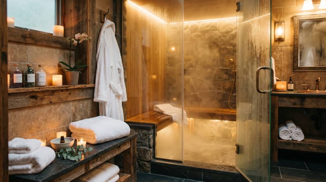 Steam-filled wooden shower cabin in a cozy bathroom with towels and candles