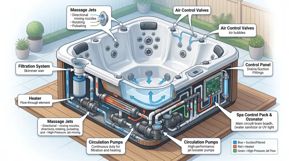 What Is a Hot Tub and How Does It Work? 2 Cutaway hot tub with labeled parts including massage jets, heater, filtration system, and circulation pumps