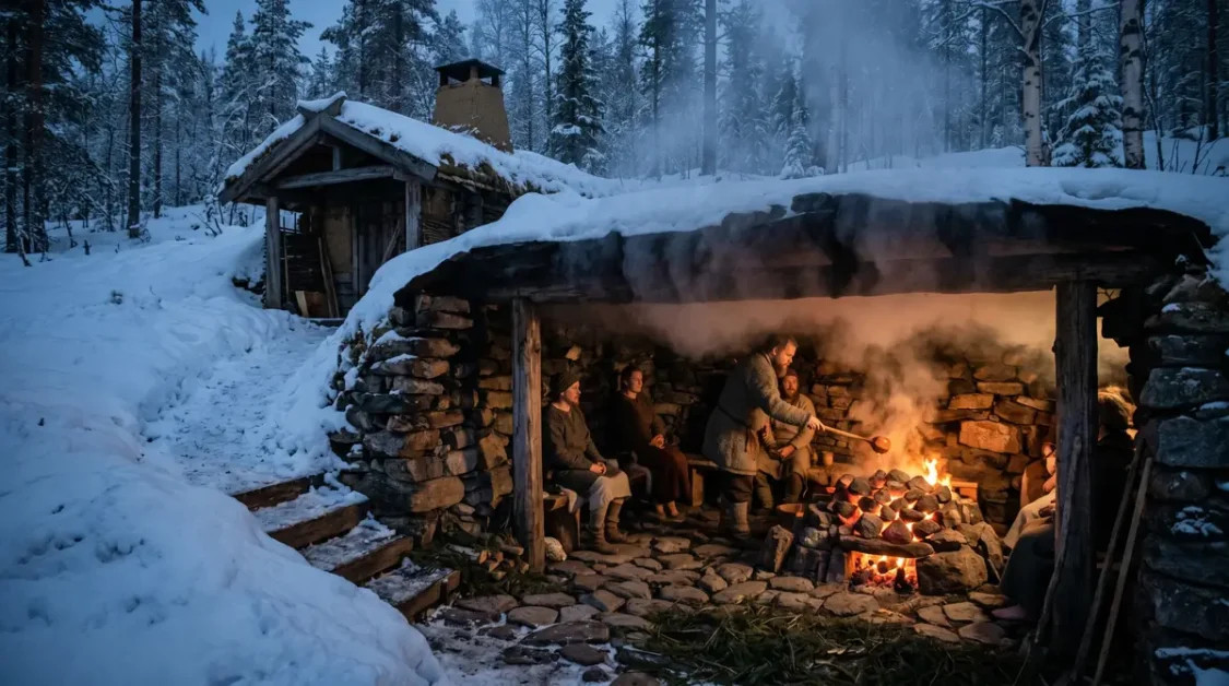 History of Sauna Bathing: Finnish Origins and Global Traditions 4 People sitting inside a primitive stone pit sauna warming stones on a fire in snowy forest