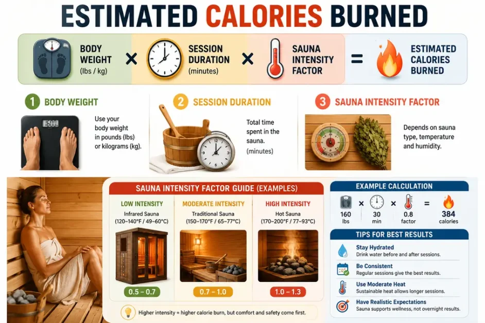 A details info graphic style show estimated calorie burn in sauna journey