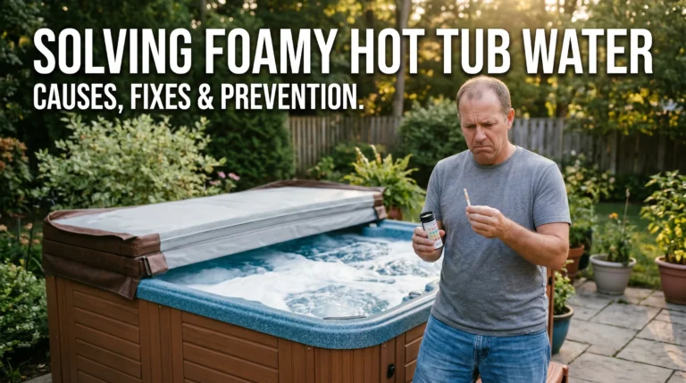Homeowner checking foamy hot tub water on a backyard patio with article title overlay.