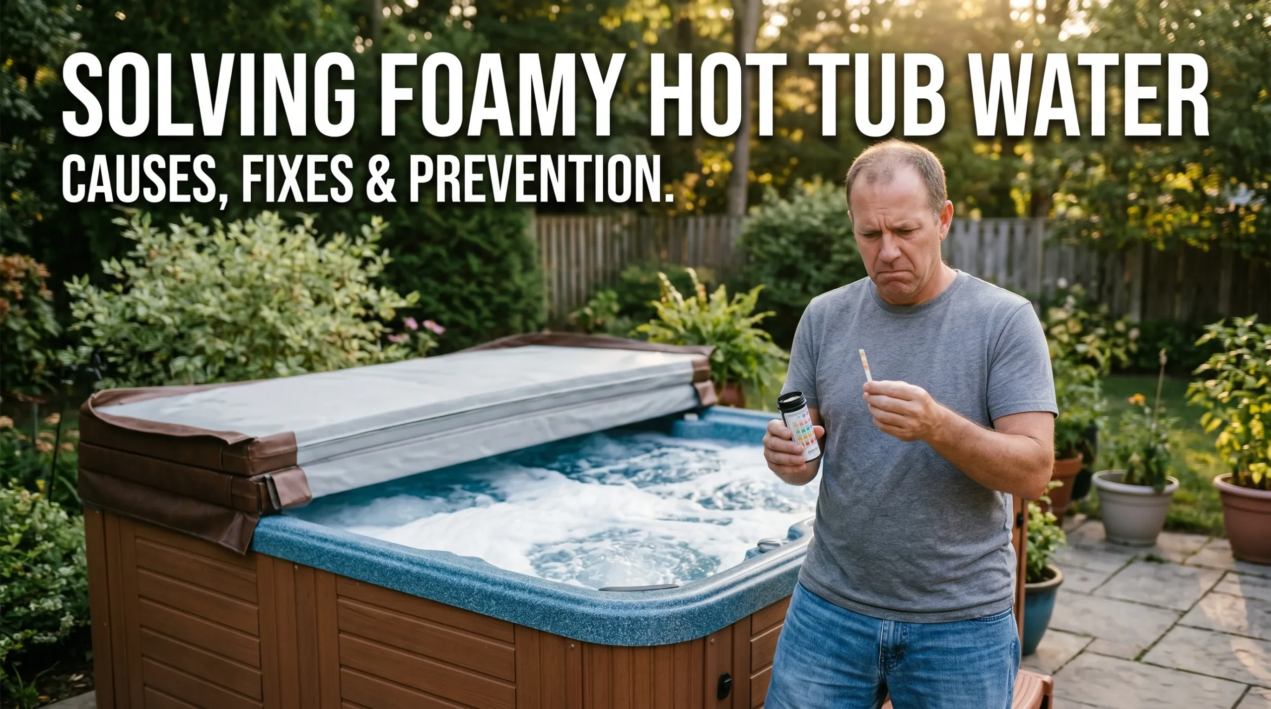 Why Is My Hot Tub Foamy? Causes, Fast Fixes, and Prevention Tips 1 Homeowner checking foamy hot tub water on a backyard patio with article title overlay.