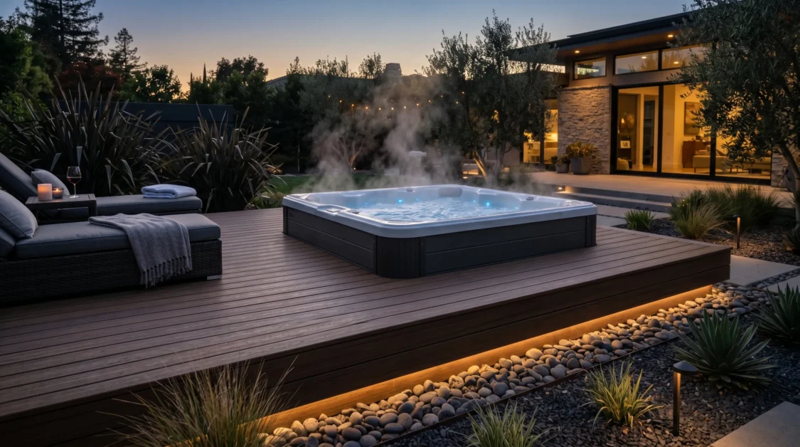 Above-ground hot tub on a floating deck platform with glowing nighttime deck lighting.