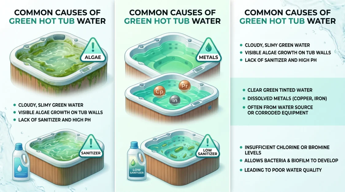 Infographic showing algae, metals, and low sanitizer causing green hot tub water.