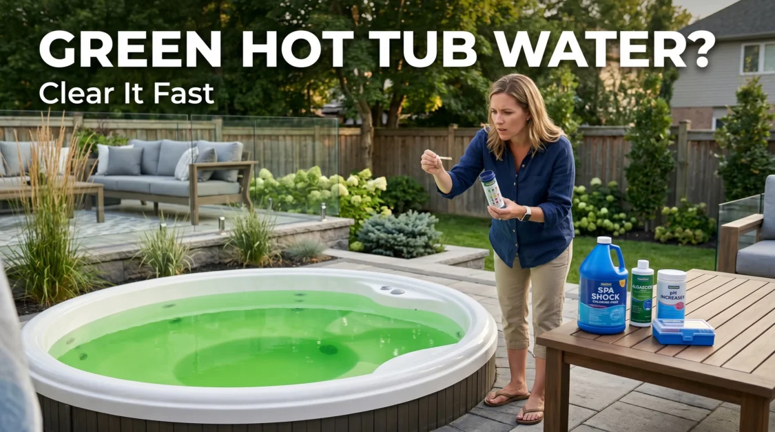 Homeowner testing green hot tub water on a sunny backyard patio.