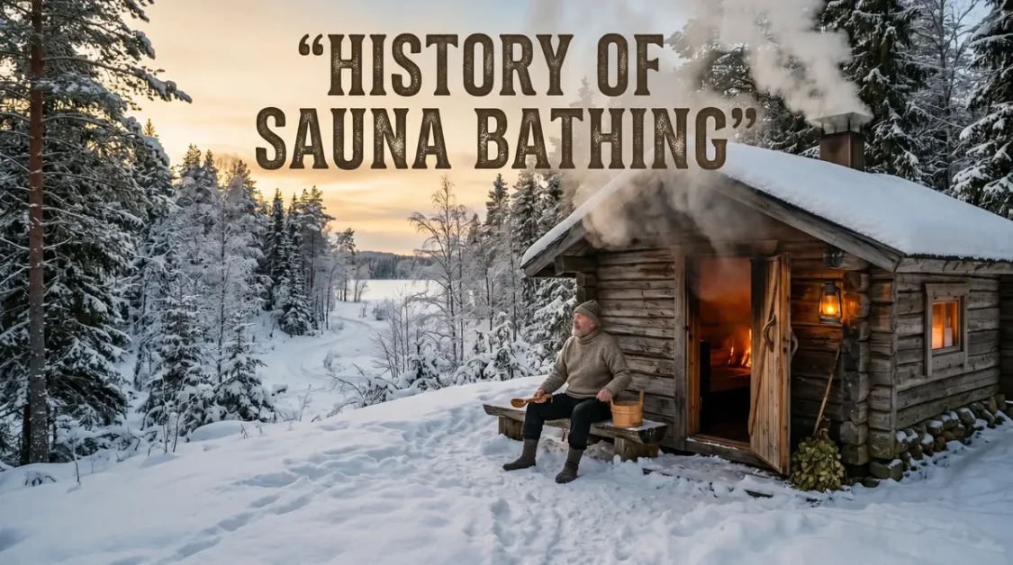 History of Sauna Bathing: Finnish Origins and Global Traditions 2 A man sitting on a bench outside a wooden sauna house with smoke coming from the chimney in a snowy forest