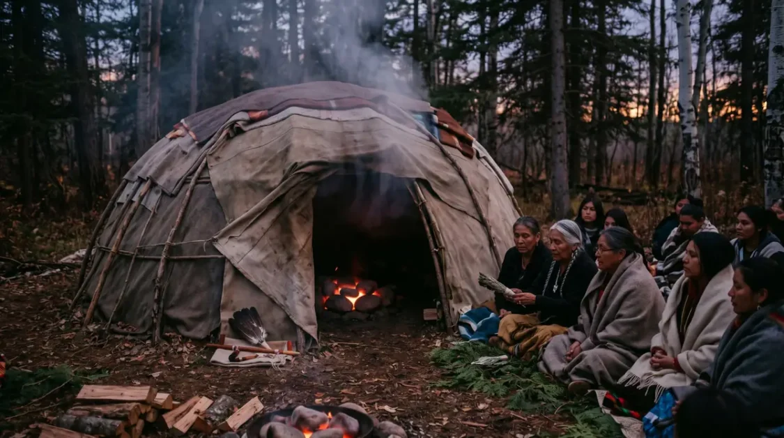 History of Sauna Bathing: Finnish Origins and Global Traditions 5 Group of people sitting near a traditional Native American sweat lodge with smoke rising