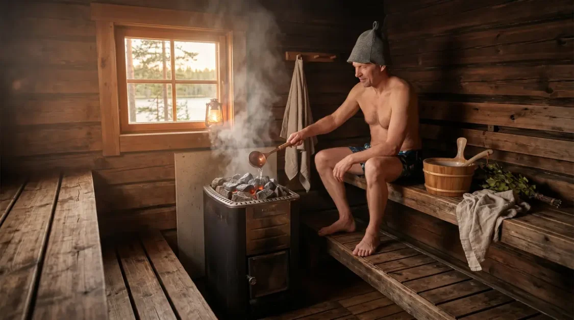 History of Sauna Bathing: Finnish Origins and Global Traditions 6 Man sitting inside a wooden sauna pouring water on hot stones with steam rising