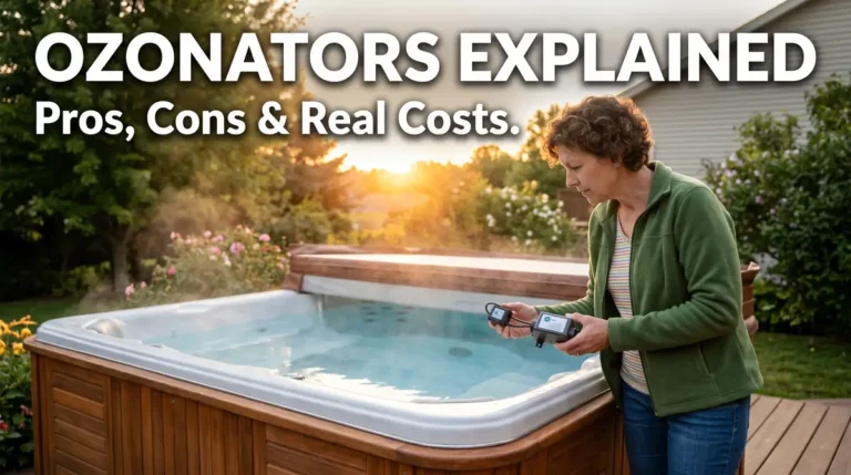 Woman using electronic device to test water in outdoor hot tub at sunset