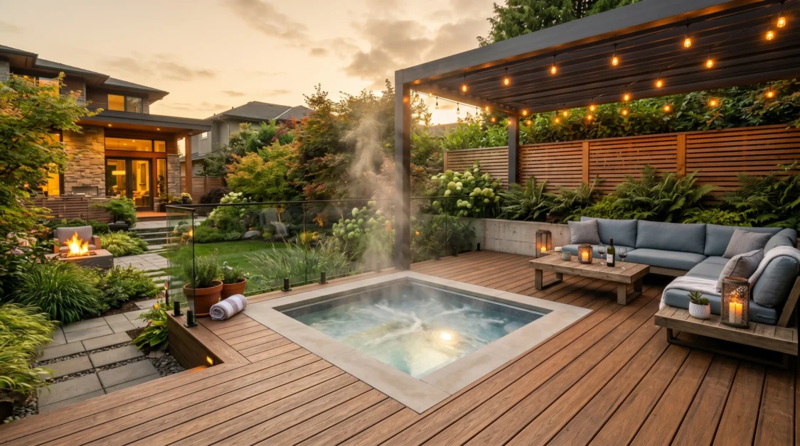Modern backyard hot tub with wooden deck, privacy screens, and cozy evening lighting.