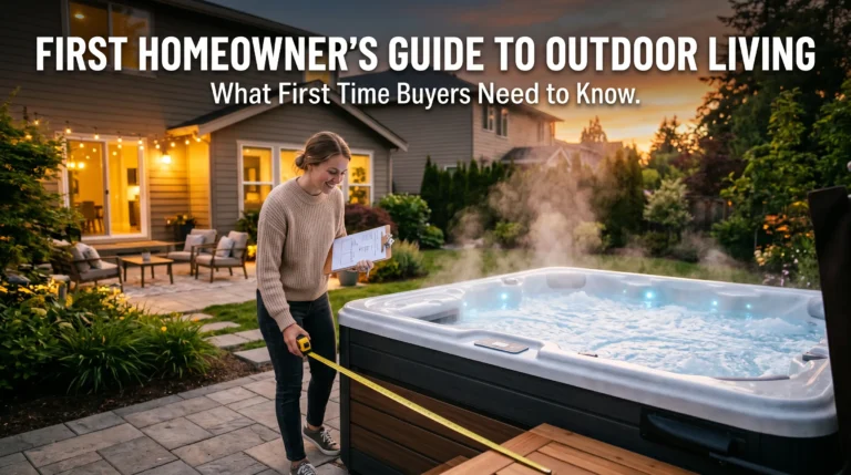 Homeowner comparing hot tub options beside a backyard spa with buying guide text overlay.