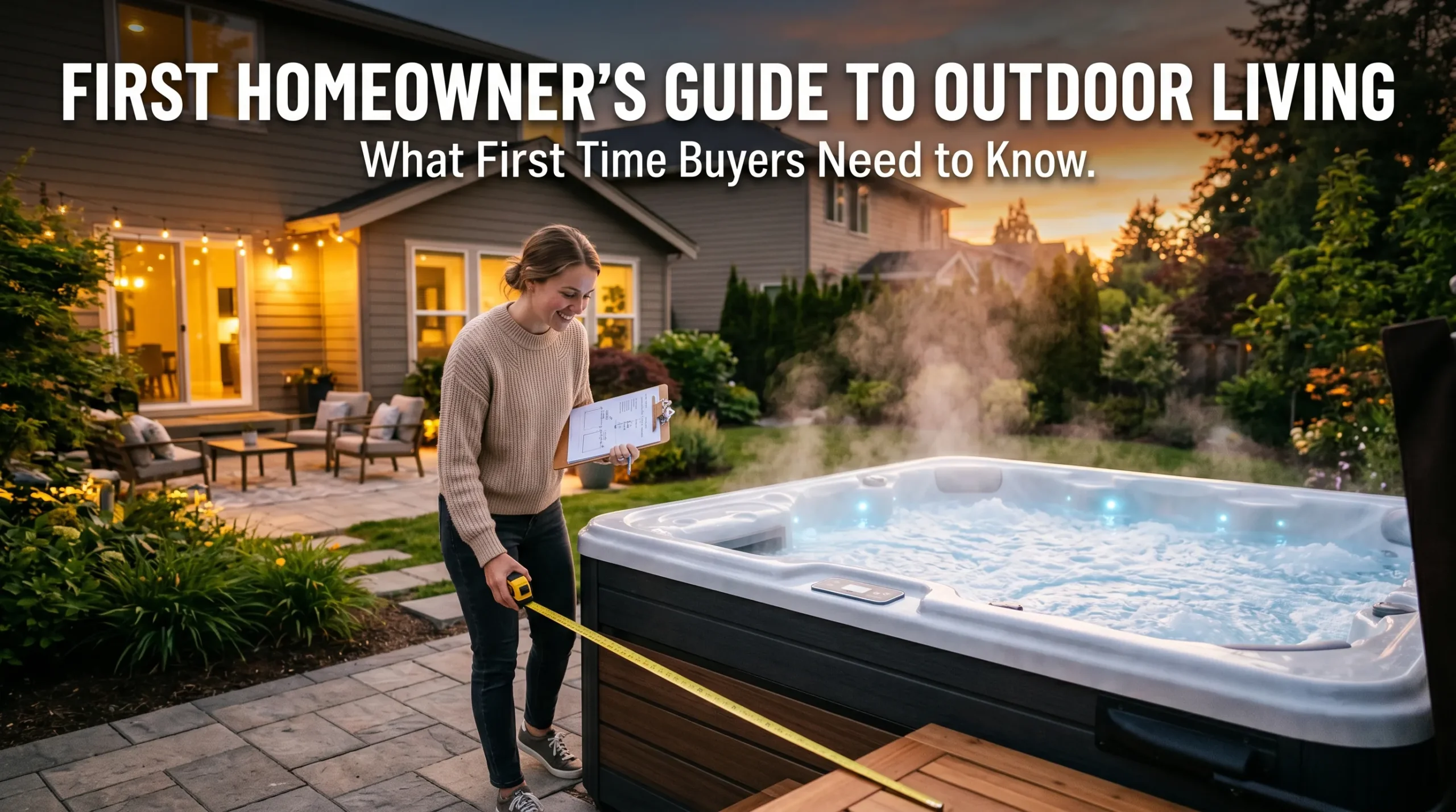 Homeowner comparing hot tub options beside a backyard spa with buying guide text overlay.