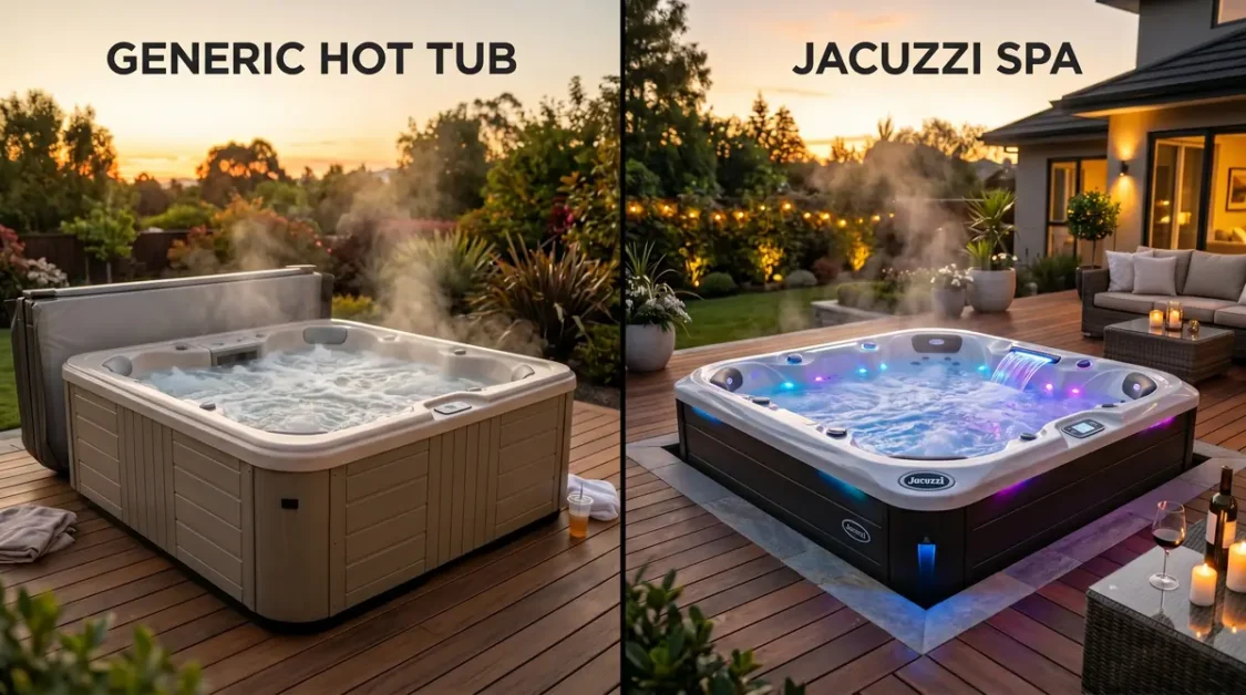What Is a Hot Tub and How Does It Work? 3 Two outdoor hot tubs side by side on a deck with steam and evening lighting
