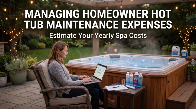 Homeowner using a hot tub maintenance cost calculator beside a backyard spa.