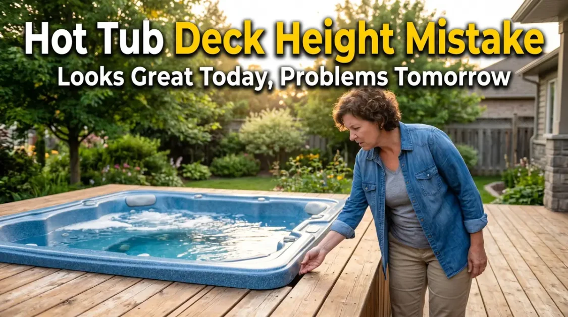 The Hot Tub Deck Height Mistake Most Homeowners Make (And How to Avoid It) 6 Woman inspecting the edge of a hot tub built into a wooden deck in a backyard