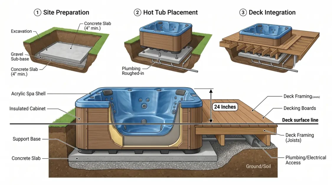 Diagram showing step-by-step hot tub deck installation with site preparation, hot tub placement, and deck integration
