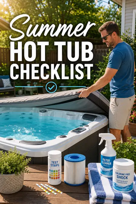 Man lifting hot tub cover with cleaning supplies on table nearby