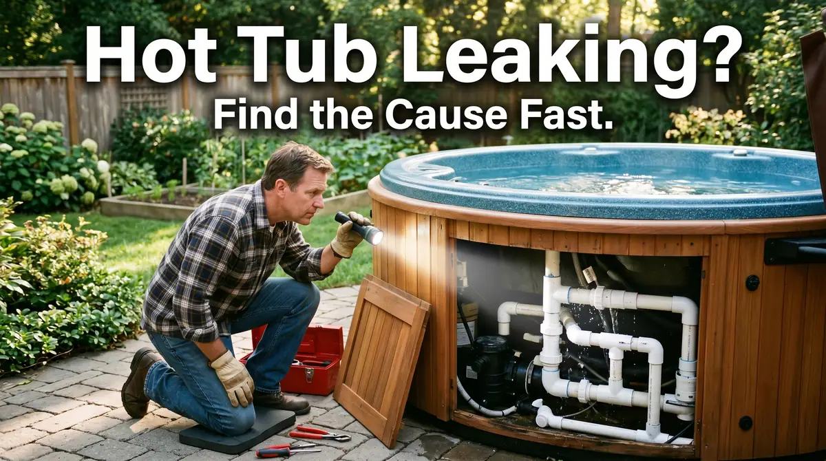 Hot Tub Leaking: How to Find and Fix the Problem 1 Man kneeling and inspecting hot tub plumbing with a flashlight outdoors