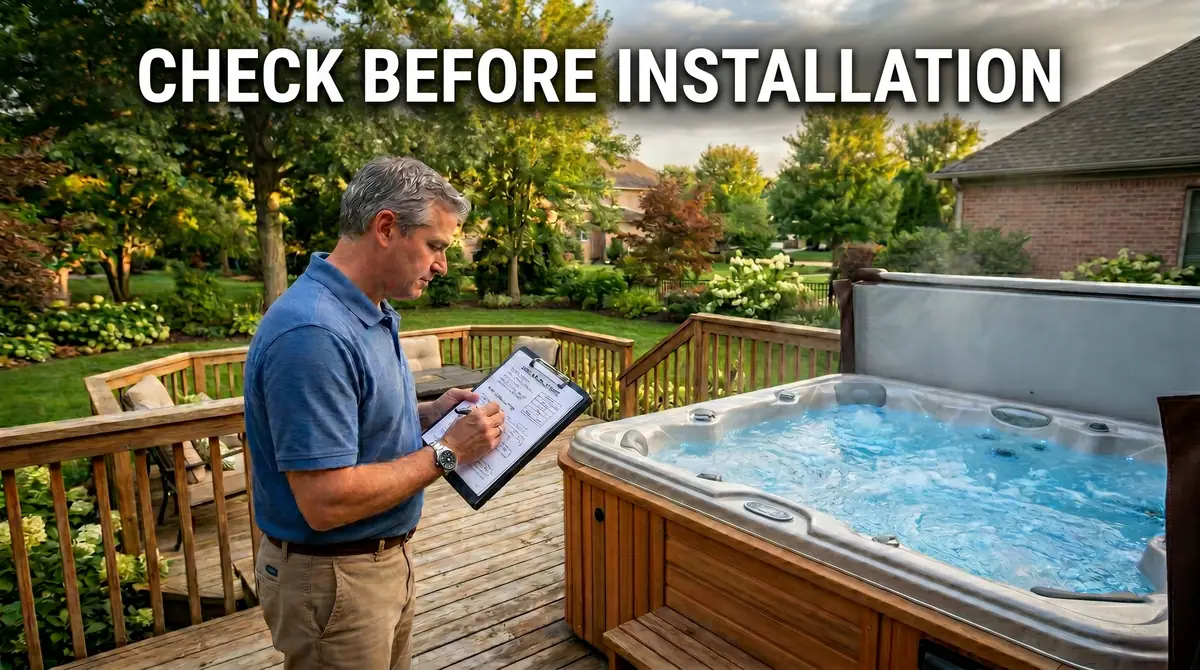 Man holding clipboard checking details beside a bubbling outdoor hot tub on wooden deck