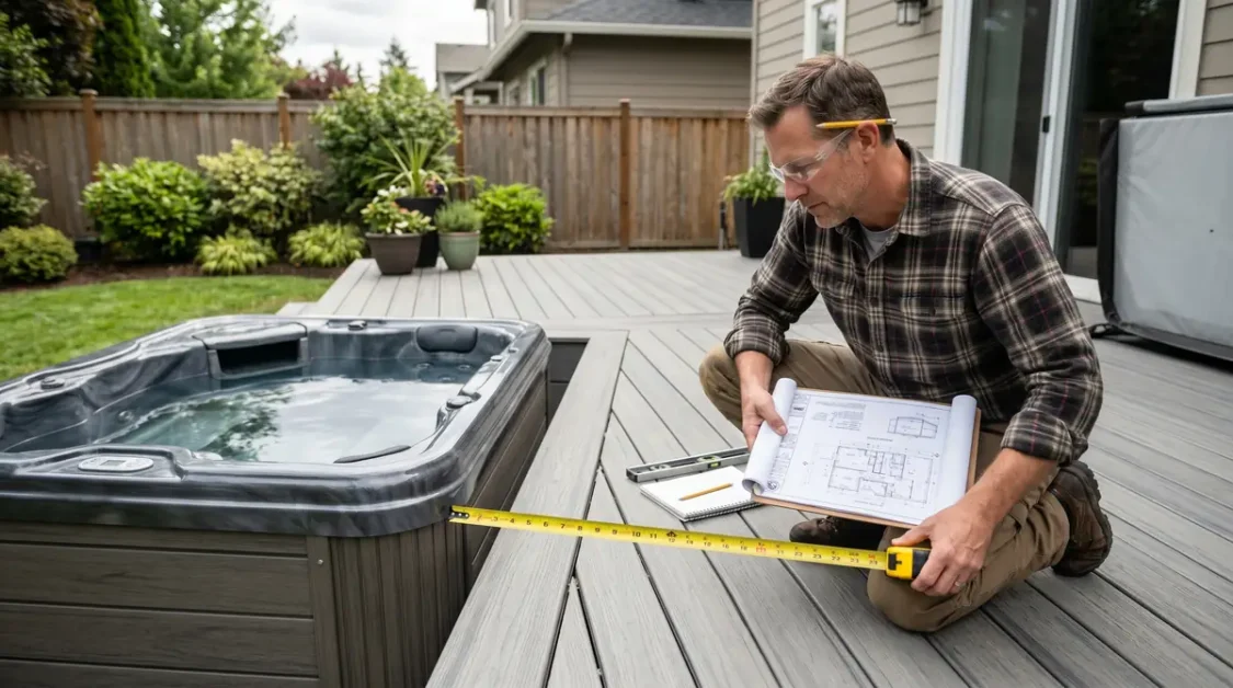Man measuring the dimensions of a hot tub on a backyard deck with a tape measure