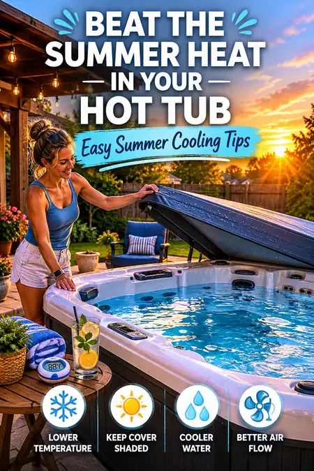 Woman lifting hot tub cover outdoors in the evening with sunset and drink on table