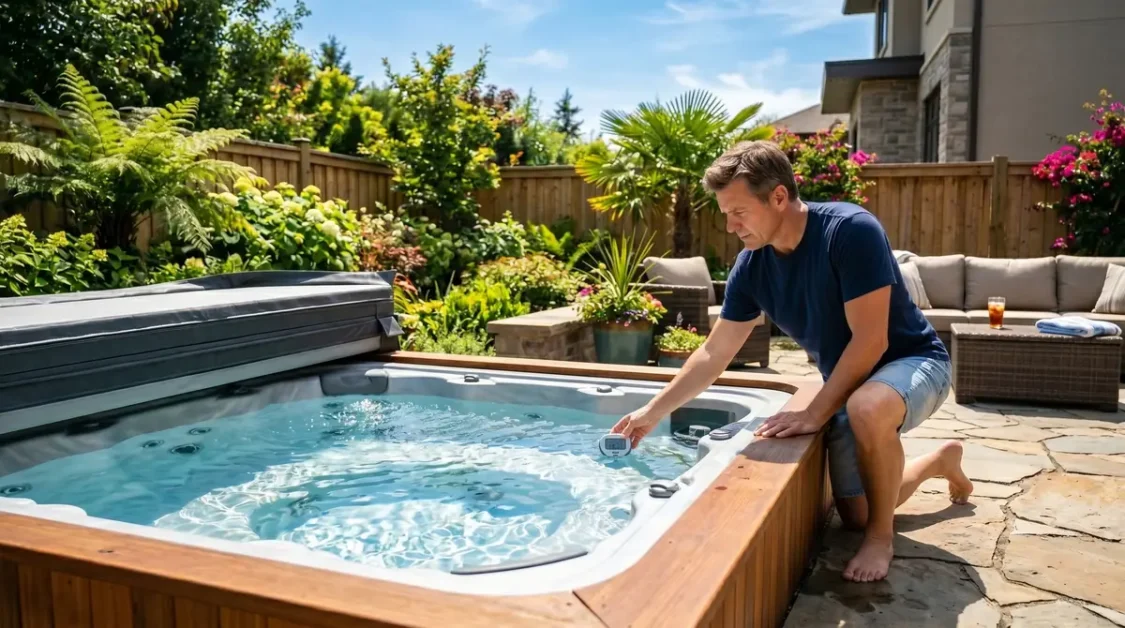 Man kneeling beside an outdoor hot tub checking water temperature on a sunny day
