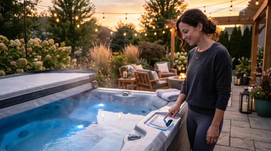 Woman adjusting control panel on hot tub in a backyard garden at sunset