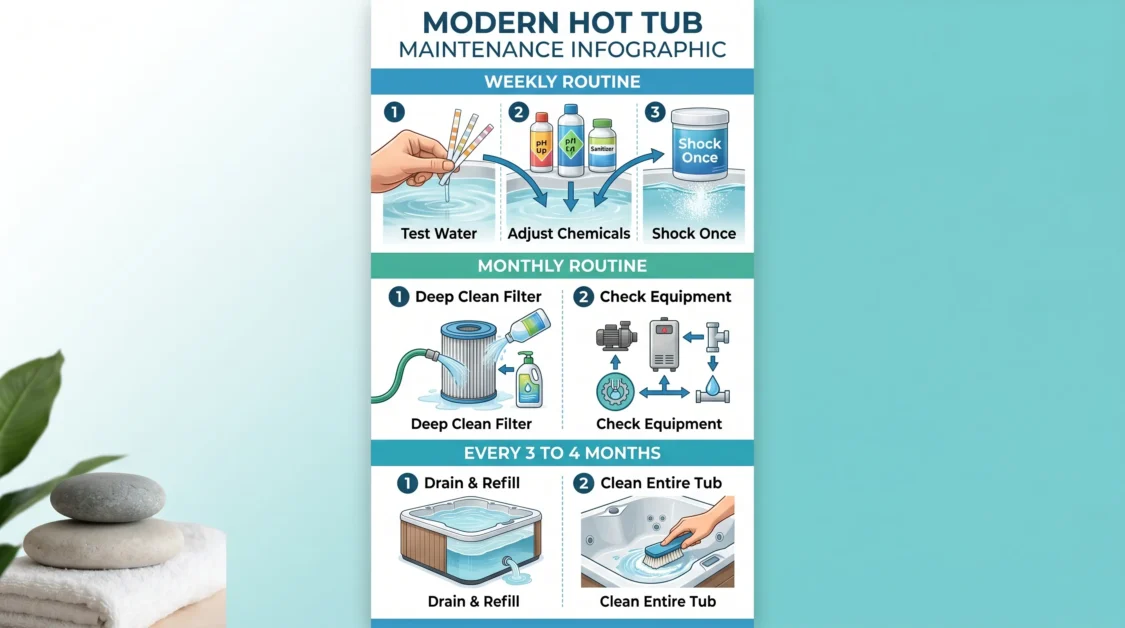 Infographic showing weekly and monthly hot tub maintenance steps for clear water.