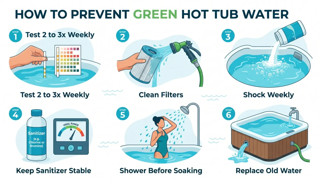 Infographic showing simple weekly steps to prevent green hot tub water buildup.