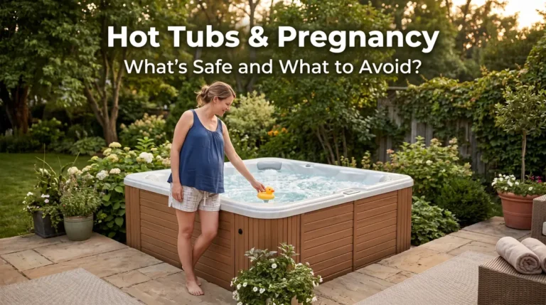 Pregnant woman in blue top and shorts standing beside a hot tub with a yellow rubber duck