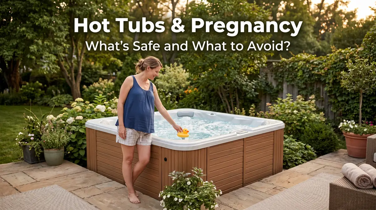 Pregnant woman in blue top and shorts standing beside a hot tub with a yellow rubber duck