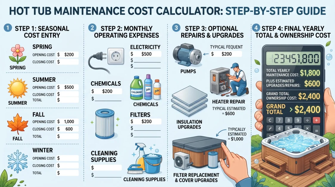 Step-by-step infographic explaining how to use a hot tub maintenance cost calculator.