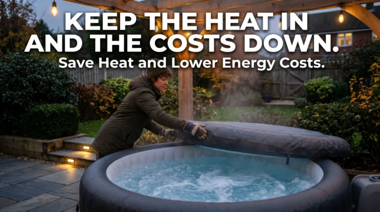 Homeowner placing an inflatable hot tub cover on a backyard spa with energy savings text overlay.