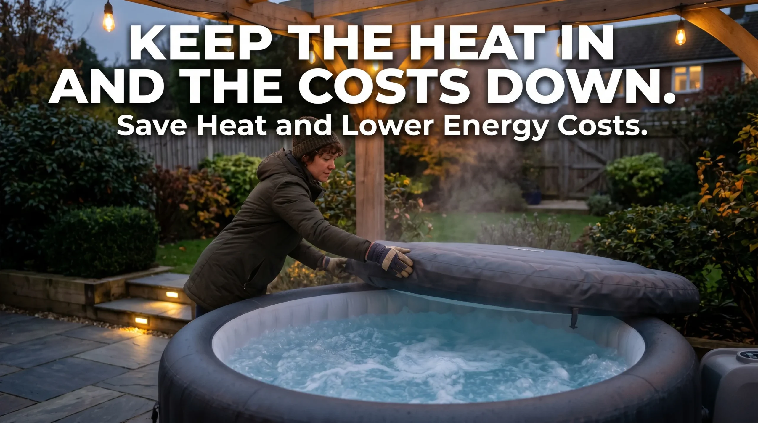Homeowner placing an inflatable hot tub cover on a backyard spa with energy savings text overlay.