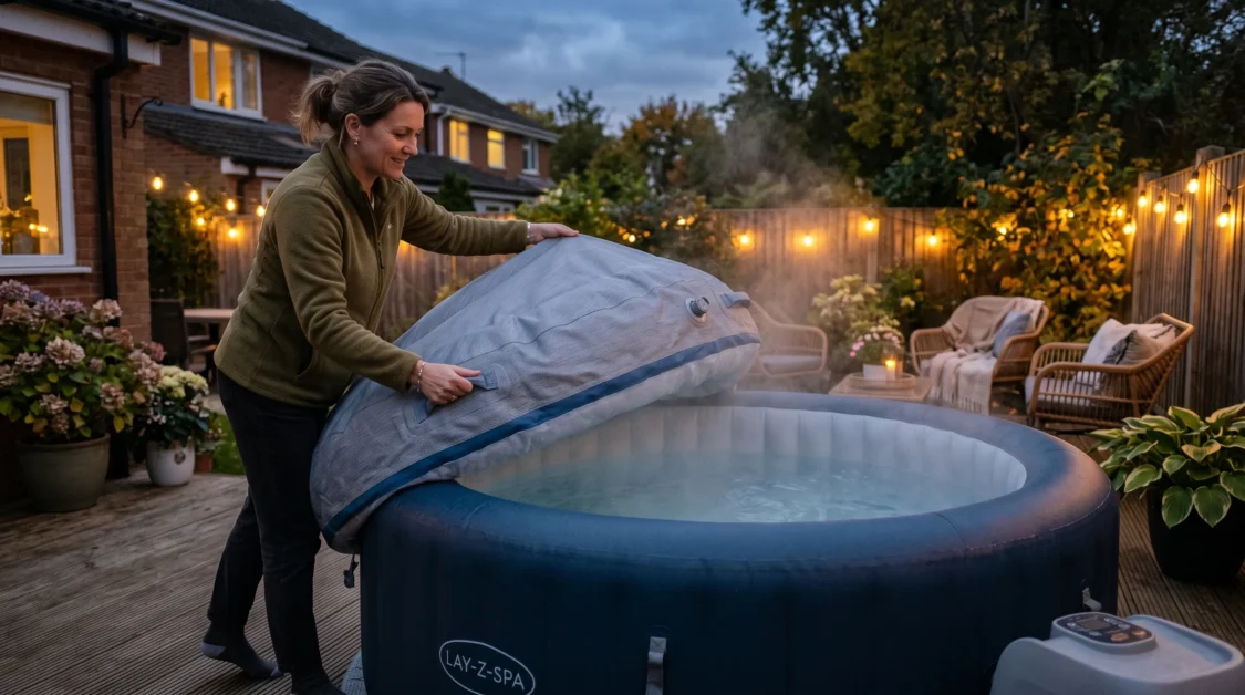 Homeowner placing inflatable cover on a round backyard hot tub at dusk.