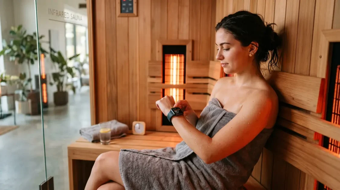 Woman wrapped in towel checking fitness tracker inside infrared sauna