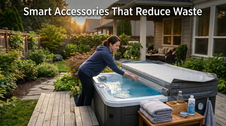 Homeowner using water saving hot tub accessories beside a covered backyard spa.