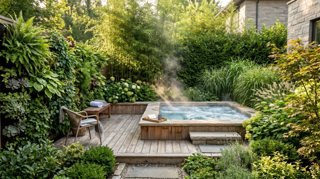 Hot tub surrounded by bamboo, hedges, and lush landscaping privacy barriers in backyard.
