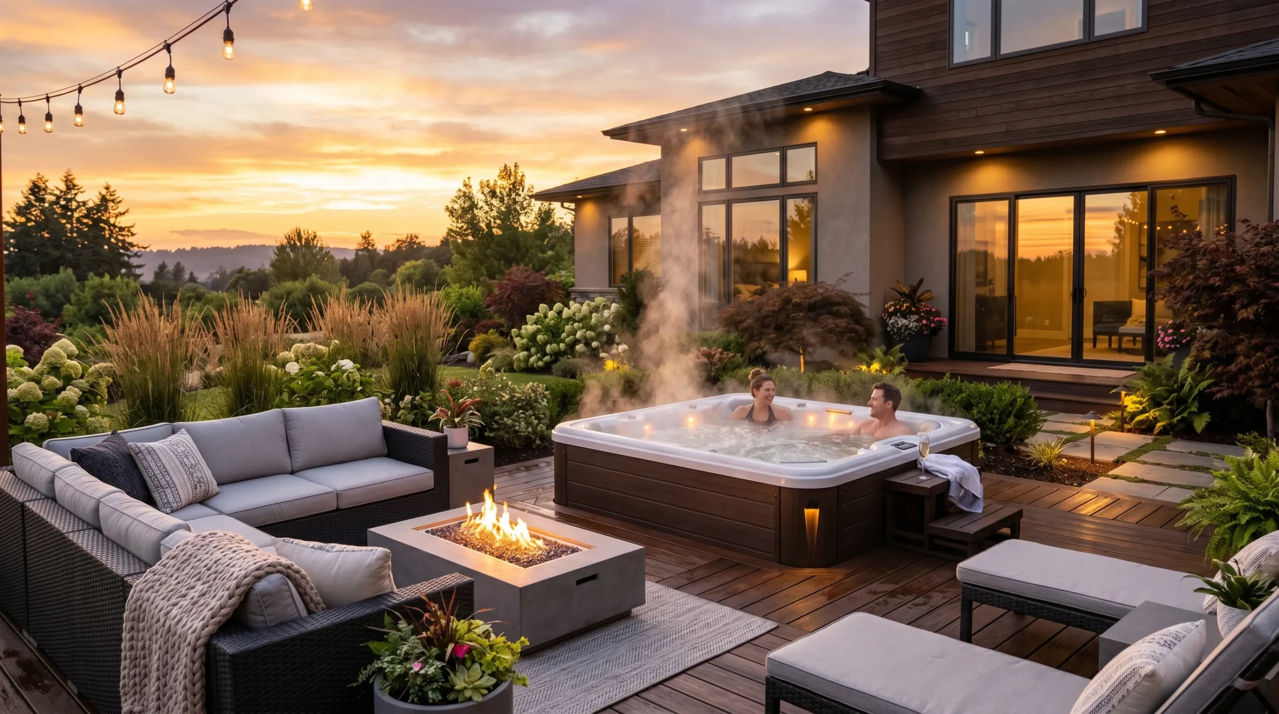 Luxury backyard hot tub patio setup